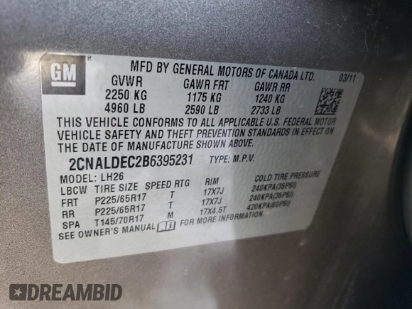 2011 Chevrolet Equinox 1LT with VIN 2CNALDEC2B6395231, listed as a Copart auction lot 88352605 with 80,729 mi miles and Salvage Title. Bid and sale history available at DreamBid. Image 13.