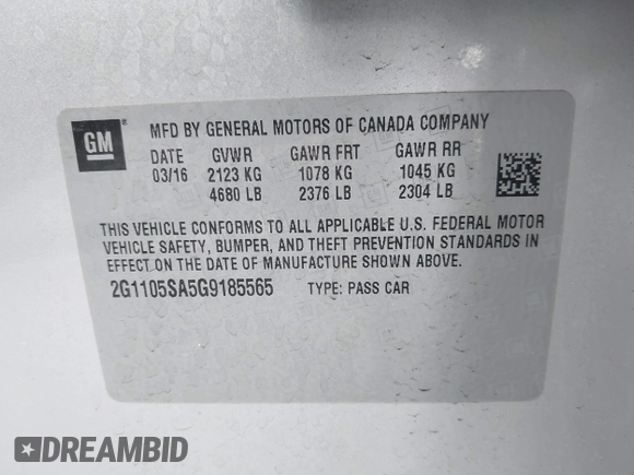 2016 Chevrolet Impala LT with VIN 2G1105SA5G9185565, listed as a IAAI auction lot 42430184 with 143,791 mi miles and . Bid and sale history available at DreamBid. Image 9.