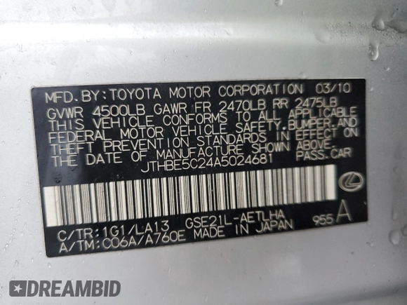 2010 Lexus IS 350 with VIN JTHBE5C24A5024681, listed as a Copart auction lot 45039015 with 158,335 mi miles and Salvage Title. Bid and sale history available at DreamBid. Image 12.