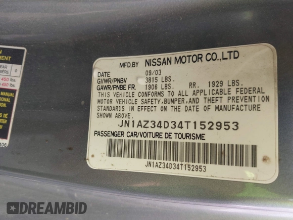 2004 Nissan 350Z Touring with VIN JN1AZ34D34T152953, listed as a IAAI auction lot 41446366 with 134,171 mi miles. Bid and sale history available at carsss.com. Image 9.
