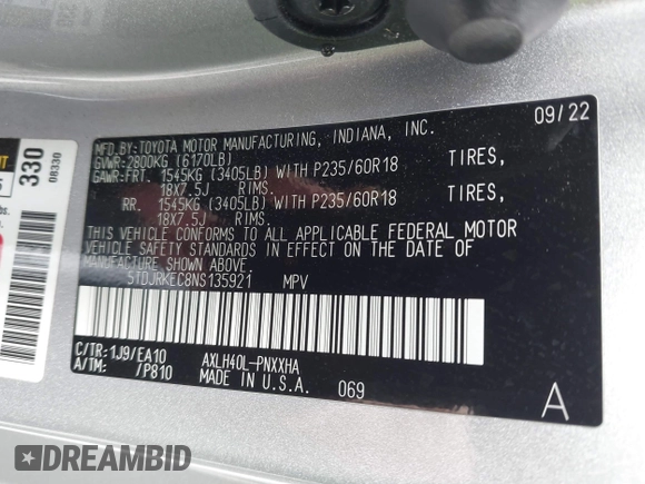 2022 Toyota Sienna XLE z VIN 5TDJRKEC8NS135921, wystawiony jako IAAI lot #42124395 z przebiegiem 39 611 mil mil oraz . Historia ofert i sprzedaży dostępna na DreamBid. Obrazek 9.