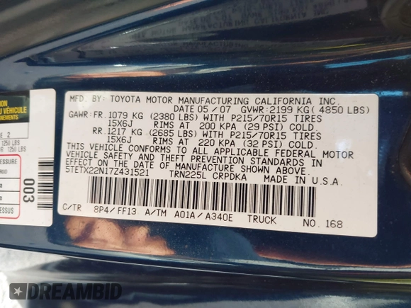 2007 Toyota Tacoma с VIN 5TETX22N17Z431521, выставлен на аукционе IAAI как лот 41646636 с пробегом 176 096 миль миль и . История ставок и продаж доступна на DreamBid. Изображение 9.
