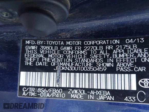 2013 Toyota Prius One with VIN JTDKN3DU1D0350459, listed as a IAAI auction lot 41982187 with 267,002 mi miles. Bid and sale history available at carsss.com. Image 9.