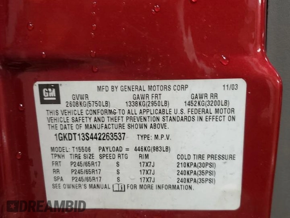 2004 GMC Envoy SLE with VIN 1GKDT13S442263537, listed as a Copart auction lot 52191775 with 0 mi miles and Salvage Title. Bid and sale history available at carsss.com. Image 12.