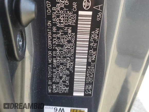 2008 Scion tC Spec z VIN JTKDE167X80254624, wystawiony jako Copart lot #57337755 z przebiegiem 205 339 mil mil oraz Szkoda całkowita • Salvage title. Historia ofert i sprzedaży dostępna na DreamBid. Obrazek 12.