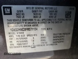2015 GMC Yukon XL SLT with VIN 1GKS2HKC0FR571134, listed as a Copart auction lot 51175375 with 0 mi miles and Clean Title. Bid and sale history available at carsss.com. Image 14.