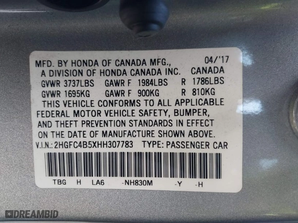 2017 Honda Civic Coupe LX with VIN 2HGFC4B5XHH307783, listed as a IAAI auction lot 41835385 with 113,018 mi miles. Bid and sale history available at carsss.com. Image 9.