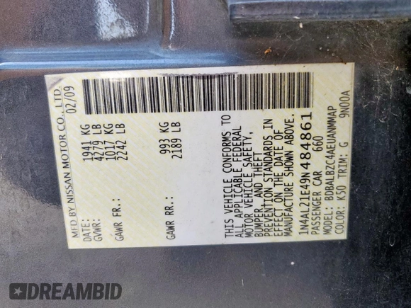 2009 Nissan Altima S with VIN 1N4AL21E49N484861, listed as a Copart auction lot 54792755 with 197,287 mi miles and Salvage Title. Bid and sale history available at DreamBid. Image 12.