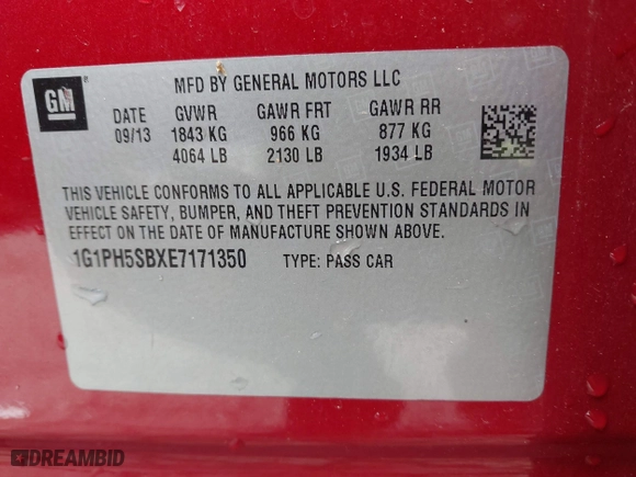 2014 Chevrolet Cruze ECO with VIN 1G1PH5SBXE7171350, listed as a IAAI auction lot 41829109 with 156,419 mi miles. Bid and sale history available at carsss.com. Image 9.