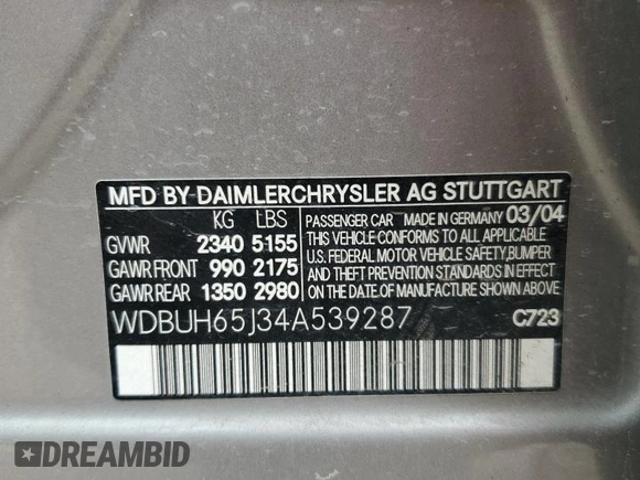 2004 Mercedes-Benz E 320 with VIN WDBUH65J34A539287, listed as a Copart auction lot 69291774 with 277,109 mi miles and Salvage Title. Bid and sale history available at DreamBid. Image 12.