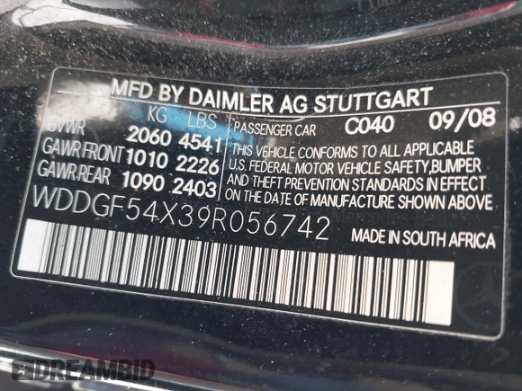 2009 Mercedes-Benz C 300 Sport with VIN WDDGF54X39R056742, listed as a IAAI auction lot 42109559 with 227,320 mi miles and . Bid and sale history available at DreamBid. Image 9.