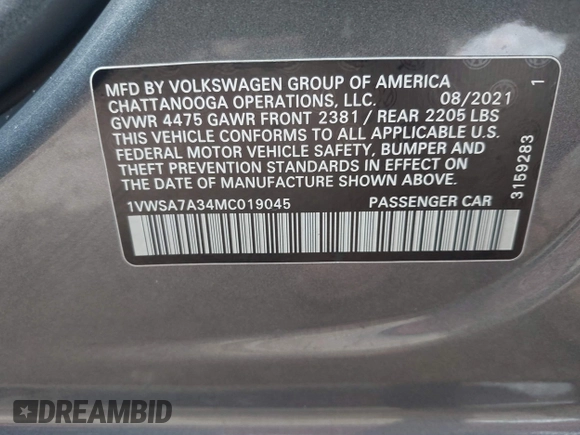 2021 Volkswagen Passat SE with VIN 1VWSA7A34MC019045, listed as a IAAI auction lot 42164157 with 78,436 mi miles and . Bid and sale history available at DreamBid. Image 9.