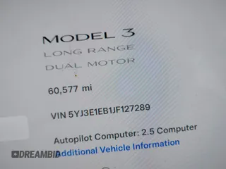 2018 Tesla Model 3 Long Range Battery with VIN 5YJ3E1EB1JF127289, listed as a IAAI auction lot 41484253 with 60,577 mi miles and . Bid and sale history available at DreamBid. Image 7.