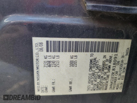 2009 Nissan Maxima S с VIN 1N4AA51E59C818091, выставлен на аукционе Copart как лот 58133265 с пробегом 198 206 миль миль и Списание • Salvage title. История ставок и продаж доступна на DreamBid. Изображение 12.