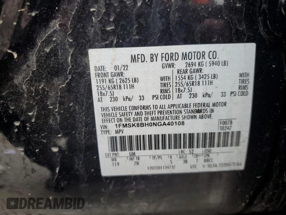2022 Ford Explorer with VIN 1FMSK8BH0NGA40108, listed as a Copart auction lot 86557984 with 70,806 mi miles and Salvage Title. Bid and sale history available at carsss.com. Image 12.