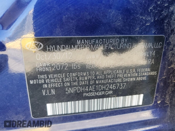 2013 Hyundai Elantra GLS z VIN 5NPDH4AE1DH246737, wystawiony jako Copart lot #64248184 z przebiegiem 132 716 mil mil oraz Szkody całkowita. Historia ofert i sprzedaży dostępna na DreamBid. Obrazek 12.