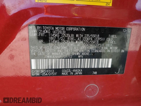 2011 Toyota RAV4 Sport with VIN JTMRK4DV6B5101712, listed as a Copart auction lot 53344565 with 88,441 mi miles and Salvage title. Bid and sale history available at DreamBid. Image 13.