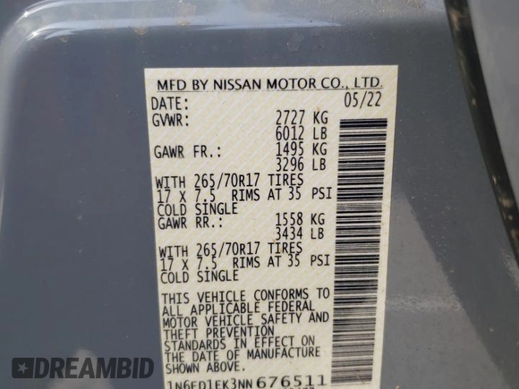 2022 Nissan Frontier Pro-4X with VIN 1N6ED1EK3NN676511, listed as a Copart auction lot 52030375 with 34,753 mi miles and Salvage title. Bid and sale history available at DreamBid. Image 13.