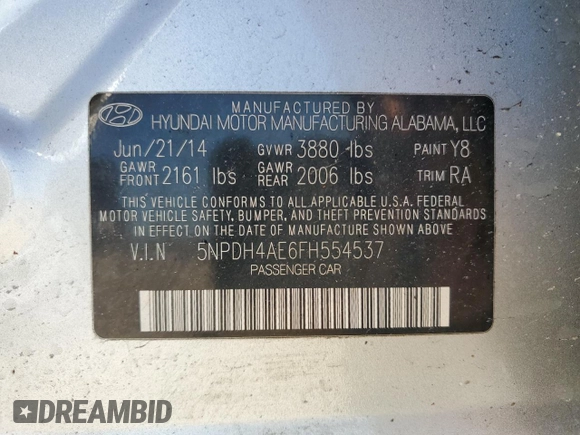 2015 Hyundai Elantra SE with VIN 5NPDH4AE6FH554537, listed as a Copart auction lot 41907465 with 106,131 mi miles and Salvage Title. Bid and sale history available at DreamBid. Image 12.