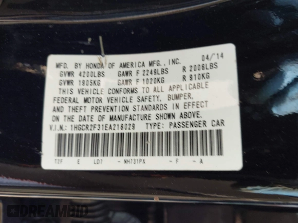 2014 Honda Accord LX z VIN 1HGCR2F31EA218029, wystawiony jako IAAI lot #42352859 z przebiegiem 143 715 mil mil oraz . Historia ofert i sprzedaży dostępna na DreamBid. Obrazek 9.