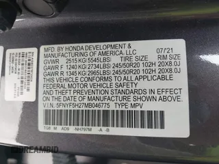 2021 Honda Pilot Special Edition with VIN 5FNYF5H27MB046775, listed as a IAAI auction lot 41867951 with 66,108 mi miles and . Bid and sale history available at DreamBid. Image 9.