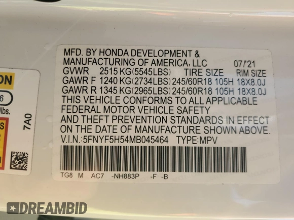 2021 Honda Pilot EX-L with VIN 5FNYF5H54MB045464, listed as a Copart auction lot 63412425 with 60,666 mi miles and Salvage title. Bid and sale history available at DreamBid. Image 13.