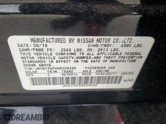 2016 Infiniti Q50 3.0t Premium with VIN JN1EV7AP0GM305290, listed as a Copart auction lot 49498585 with 110,384 mi miles and Salvage Title. Bid and sale history available at carsss.com. Image 14.