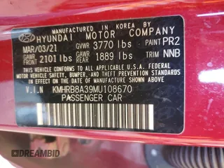 2021 Hyundai Venue SE with VIN KMHRB8A39MU108670, listed as a Copart auction lot 50427805 with 76,678 mi miles and Salvage Title. Bid and sale history available at DreamBid. Image 12.