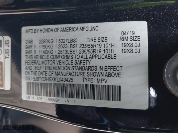 2019 Acura RDX w/Technology Pkg with VIN 5J8TC2H5XKL043425, listed as a IAAI auction lot 41801301 with 41,767 mi miles. Bid and sale history available at carsss.com. Image 9.