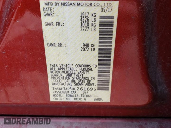 2017 Nissan Altima S with VIN 1N4AL3AP3HC261695, listed as a Copart auction lot 60153315 with 152,022 mi miles and Salvage title. Bid and sale history available at DreamBid. Image 12.