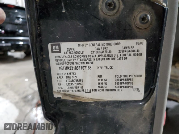 2003 GMC Sierra 2500HD SLT z VIN 1GTHK23103F107158, wystawiony jako Copart lot #50429915 z przebiegiem Nie podano mil oraz Szkoda całkowita • Salvage title. Historia ofert i sprzedaży dostępna na DreamBid. Obrazek 13.