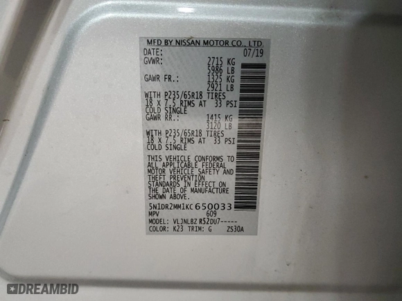 2019 Nissan Pathfinder S with VIN 5N1DR2MM1KC650033, listed as a Copart auction lot 48685425 with 121,127 mi miles and Salvage Title. Bid and sale history available at carsss.com. Image 13.