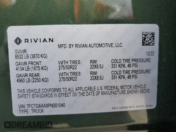 2023 Rivian R1T Adventure z VIN 7FCTGAAA8PN001040, wystawiony jako Copart lot #71517874 z przebiegiem 19 789 mil mil oraz Szkoda całkowita • Salvage title. Historia ofert i sprzedaży dostępna na DreamBid. Obrazek 13.
