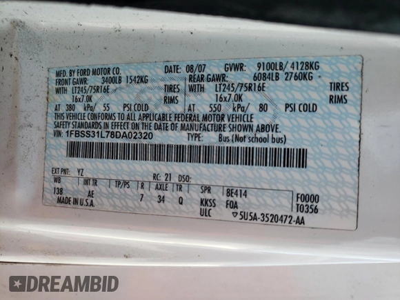2008 Ford Econoline Passenger XL with VIN 1FBSS31L78DA02320, listed as a Copart auction lot 70076284 with Not Provided miles and Salvage Title. Bid and sale history available at DreamBid. Image 13.
