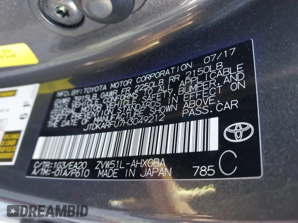 2017 Toyota Prius Two с VIN JTDKARFU7H3049212, выставлен на аукционе IAAI как лот 41375499 с пробегом 42 994 миль миль и . История ставок и продаж доступна на DreamBid. Изображение 9.