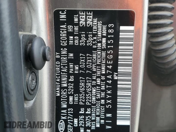 2014 Kia Sorento LX with VIN 5XYKT4A74EG515183, listed as a Copart auction lot 45332975 with 126,082 mi miles and Salvage Title. Bid and sale history available at carsss.com. Image 13.