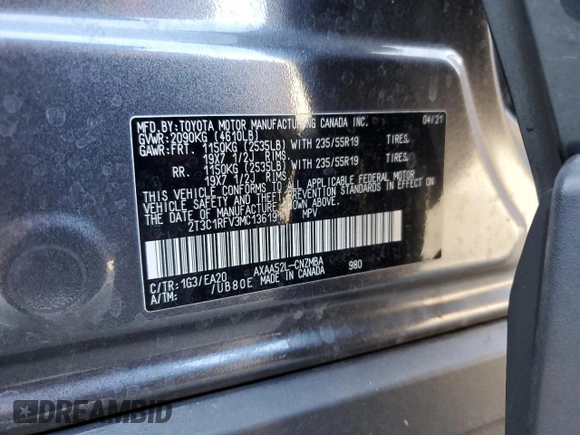 2021 Toyota RAV4 XLE Premium with VIN 2T3C1RFV3MC136191, listed as a Copart auction lot 61188995 with 53,524 mi miles and Salvage title. Bid and sale history available at DreamBid. Image 12.