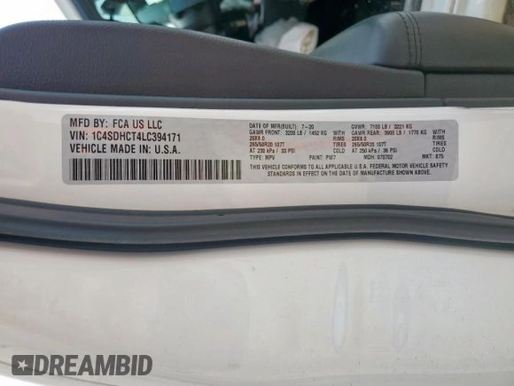 2020 Dodge Durango R/T with VIN 1C4SDHCT4LC394171, listed as a Copart auction lot 60439385 with 66,263 mi miles and Salvage title. Bid and sale history available at DreamBid. Image 14.