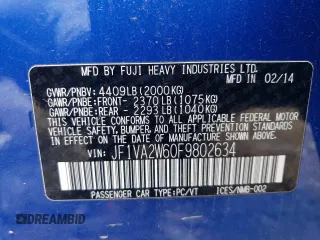 2015 Subaru WRX STI Launch with VIN JF1VA2W60F9802634, listed as a Copart auction lot 56151944 with 111,186 mi miles and Non Repairable. Bid and sale history available at DreamBid. Image 13.