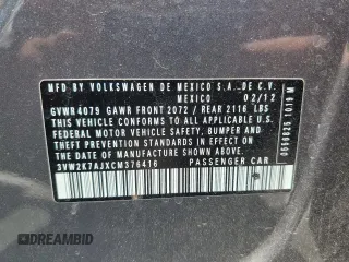 2012 Volkswagen Jetta S with VIN 3VW2K7AJXCM376416, listed as a Copart auction lot 56634835 with 112,086 mi miles and Salvage title. Bid and sale history available at DreamBid. Image 12.