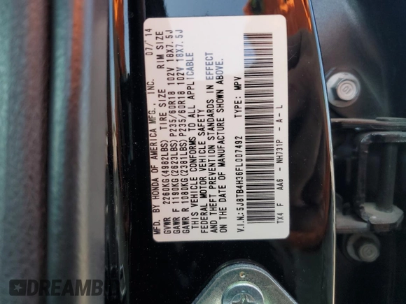 2015 Acura RDX with VIN 5J8TB4H36FL007492, listed as a Copart auction lot 60216875 with 102,437 mi miles and Salvage title. Bid and sale history available at DreamBid. Image 13.