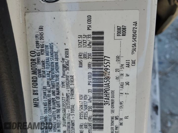 2011 Ford Fusion SEL with VIN 3FAHP0JA5BR295577, listed as a Copart auction lot 47113755 with 170,542 mi miles and Salvage Title. Bid and sale history available at DreamBid. Image 12.