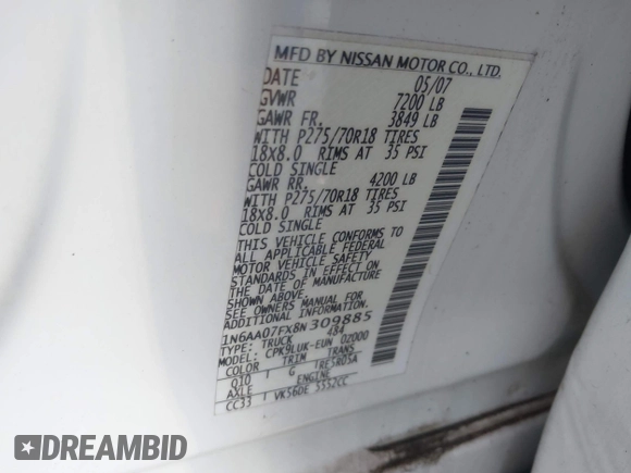 2008 Nissan Titan XE z VIN 1N6AA07FX8N309885, wystawiony jako IAAI lot #42847181 z przebiegiem 192 595 mil mil oraz . Historia ofert i sprzedaży dostępna na DreamBid. Obrazek 9.