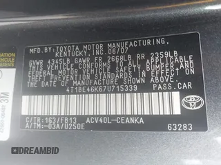 2007 Toyota Camry CE with VIN 4T1BE46K67U715339, listed as a IAAI auction lot 42012679 with 89,085 mi miles and . Bid and sale history available at DreamBid. Image 9.
