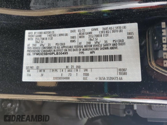 2023 Ford Bronco z VIN 1FMDE5BH0PLB30495, wystawiony jako Copart lot #51380065 z przebiegiem 18 156 mil mil oraz Szkoda całkowita • Salvage title. Historia ofert i sprzedaży dostępna na DreamBid. Obrazek 15.
