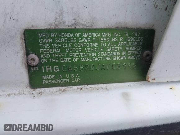 1988 Honda Accord z VIN 1HGCA5636JA003992, wystawiony jako IAAI lot #42474683 z przebiegiem 184 868 mil mil oraz . Historia ofert i sprzedaży dostępna na DreamBid. Obrazek 9.