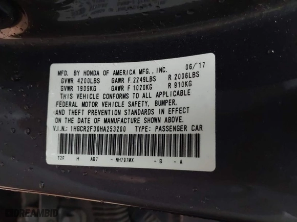 2017 Honda Accord Sedan LX with VIN 1HGCR2F30HA253200, listed as a IAAI auction lot 41685632 with 93,383 mi miles. Bid and sale history available at carsss.com. Image 9.