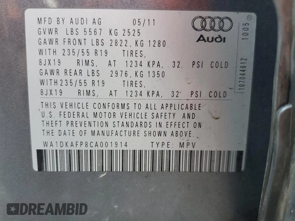 2012 Audi Q5 Premium Plus with VIN WA1DKAFP8CA001914, listed as a Copart auction lot 48700845 with 134,118 mi miles and Salvage title. Bid and sale history available at DreamBid. Image 15.