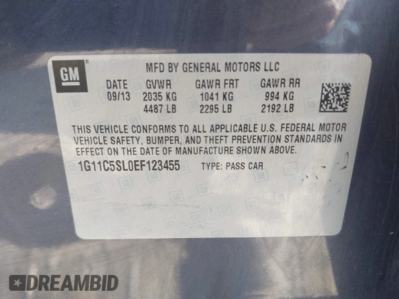 2014 Chevrolet Malibu LT with VIN 1G11C5SL0EF123455, listed as a IAAI auction lot 42113023 with 53,501 mi miles and . Bid and sale history available at DreamBid. Image 9.