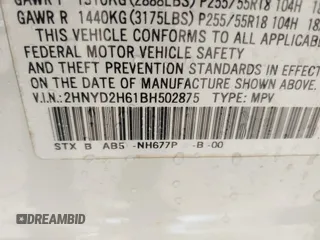2011 Acura MDX Technology z VIN 2HNYD2H61BH502875, wystawiony jako IAAI lot #42086208 z przebiegiem 104 048 mil mil oraz . Historia ofert i sprzedaży dostępna na DreamBid. Obrazek 9.
